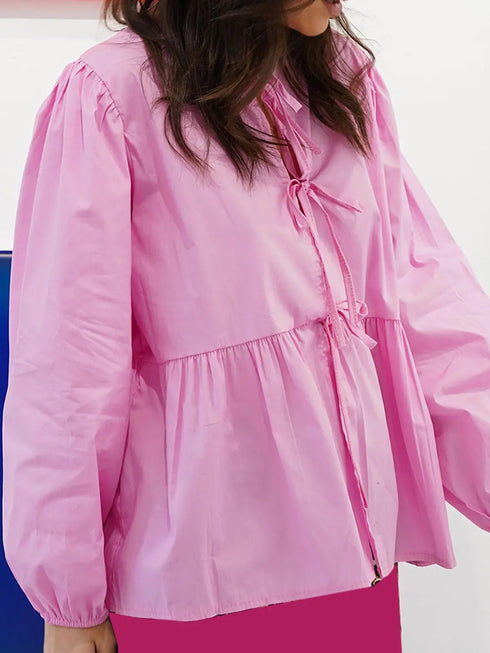 'Adalet' Linen Look Tie Front Smock Blouse - Celes Fashion